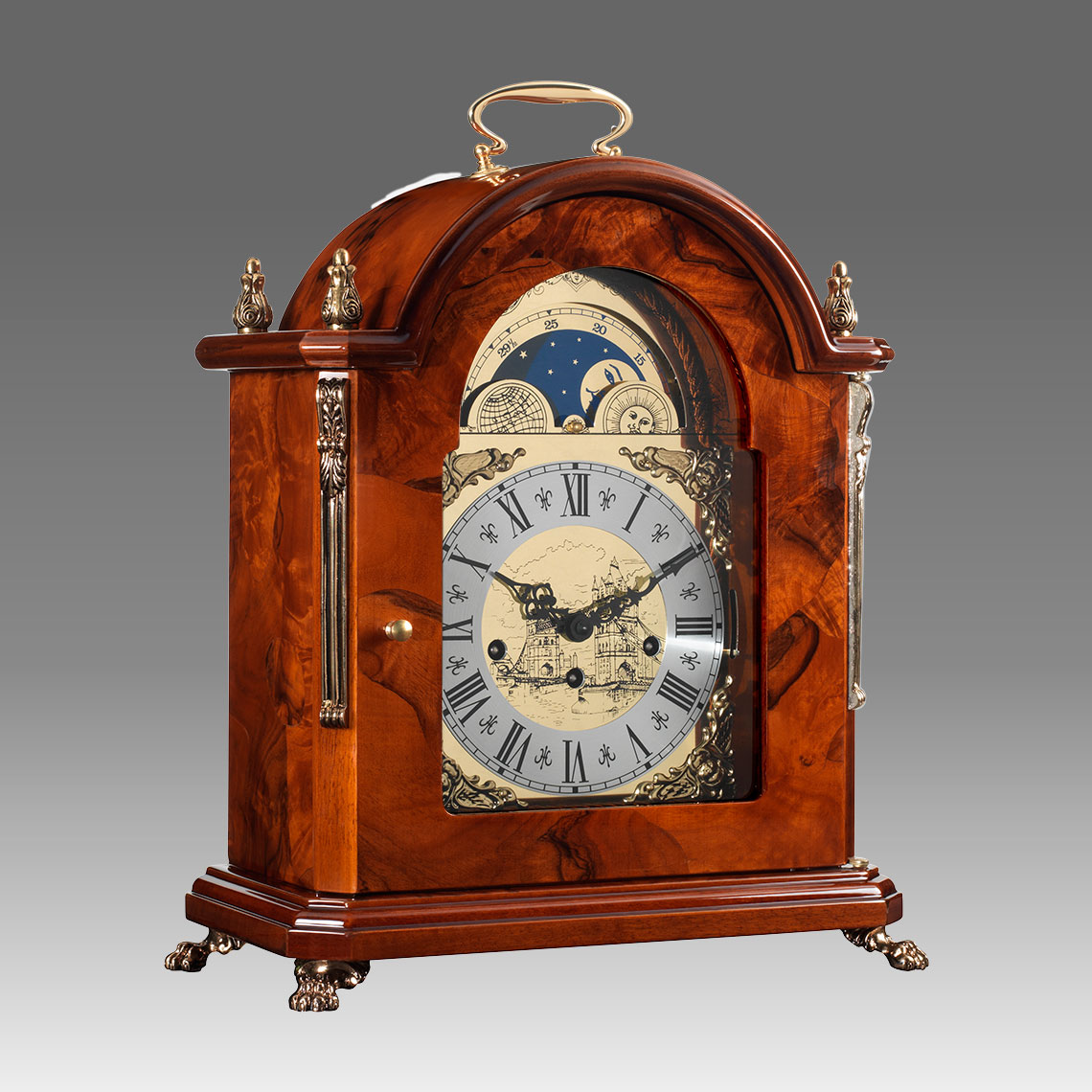 Mante Clock, Table Clock, Cimn Clock, Art.321/5 Briar of Walnut, Burn walnut - Westminster melody on rod gong, moon fase dial